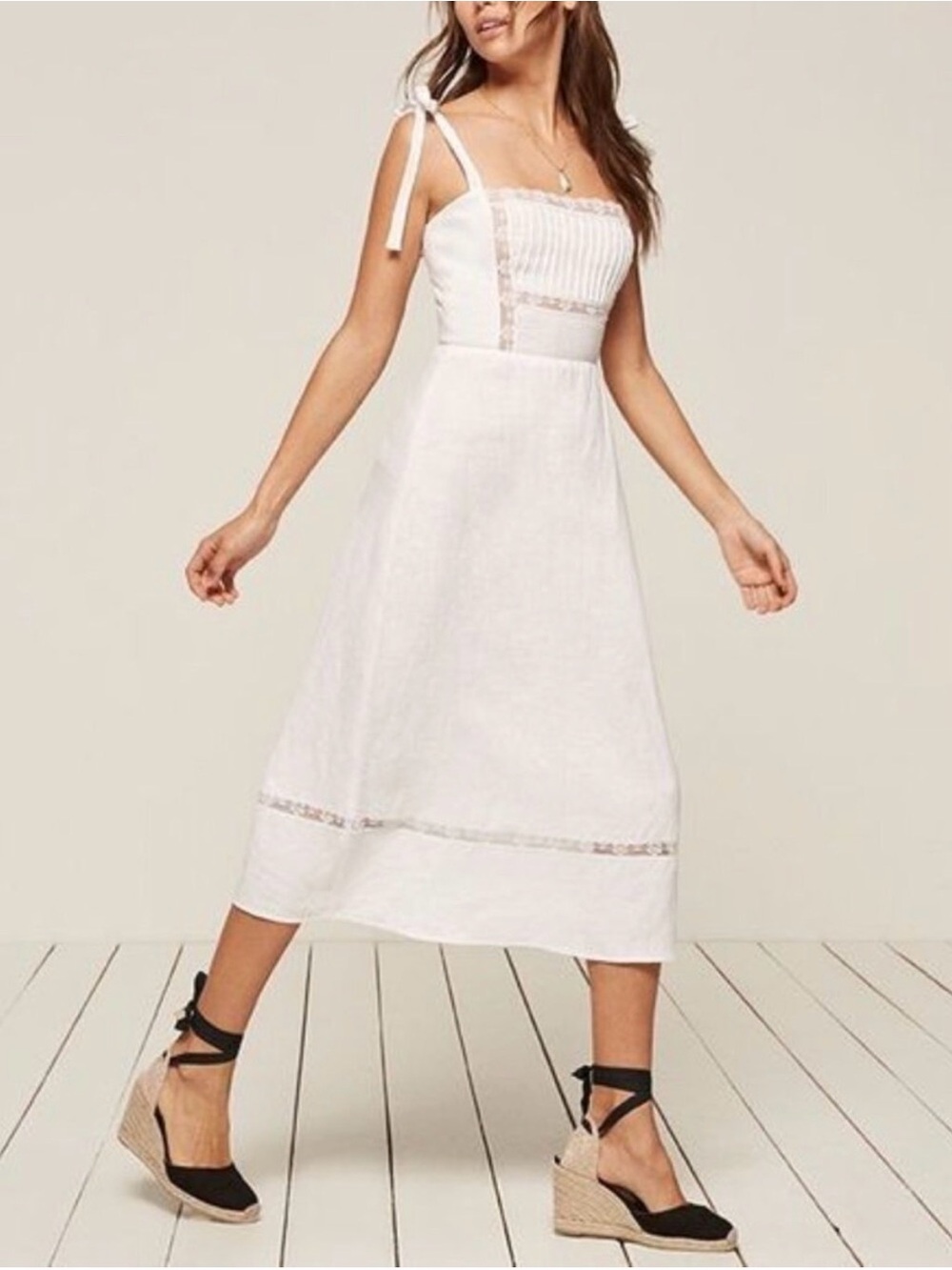 Reformation White Midi Tie-Strap Linen Dress